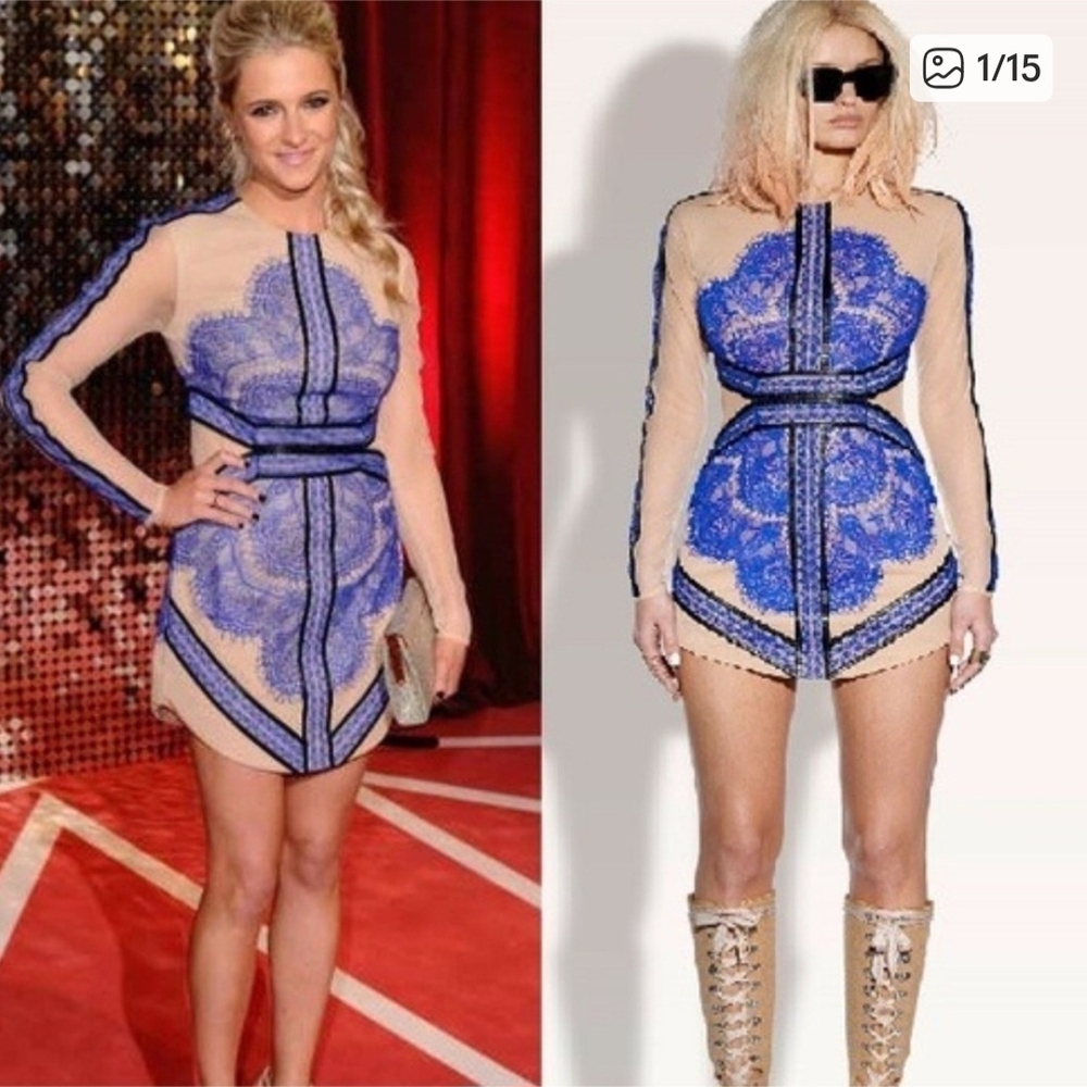 Elegant Blue and Nude Lace Dress